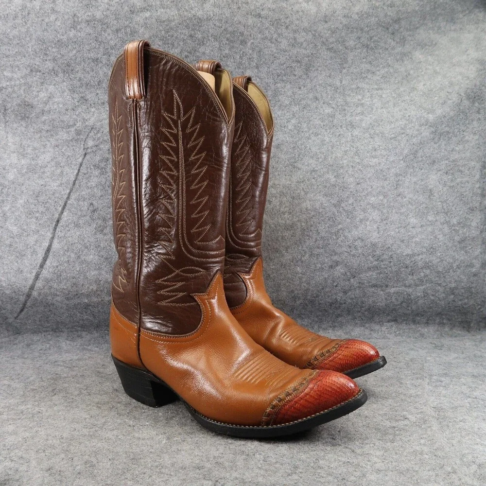 Tony Lama Boot Men 8.5 Western Cowboy Lizard Toe Leather Classic Two Tone Exotic